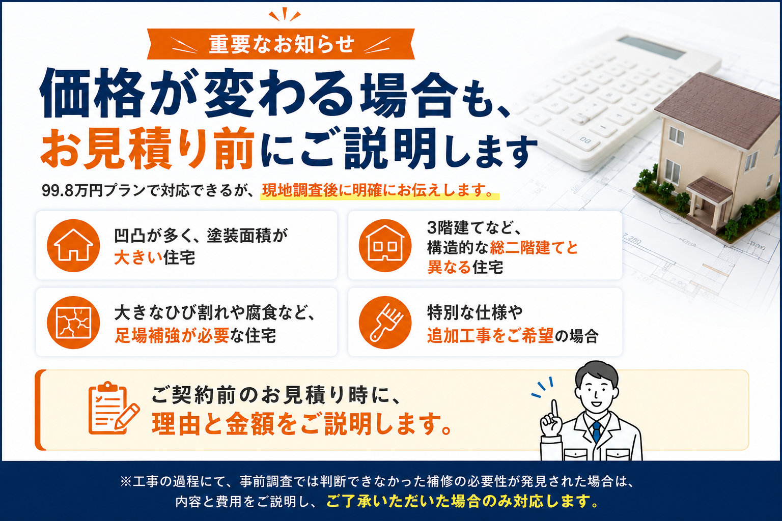 価格が変わる主な条件とお見積り前の説明方針